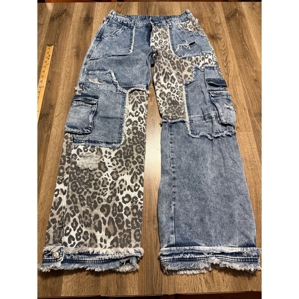 OH Jeans Women Size M Blue Leopard Print Wide Leg Patchwork Denim Cargo Pants